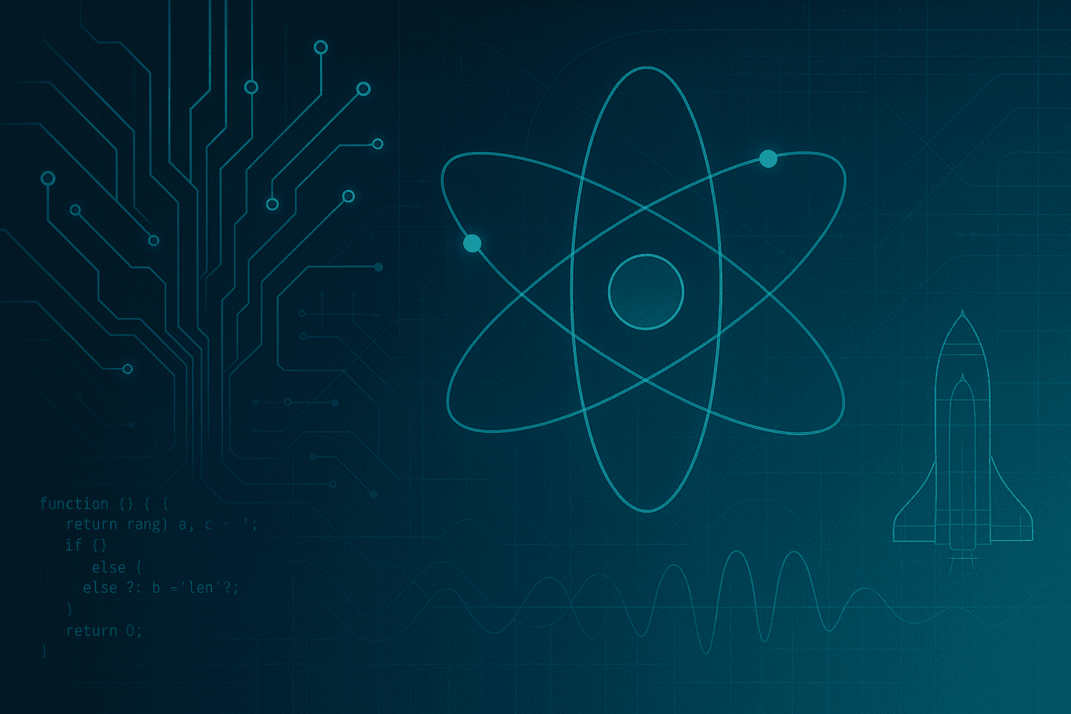 Teal blueprint with atomic model, circuit traces, code, waveform, and space-shuttle outline, symbolising science and engineering.
