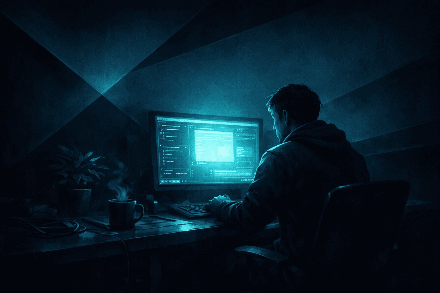 A person sits at a desk in a dimly lit room, focused on a glowing computer screen, with a plant and a steaming mug visible nearby.