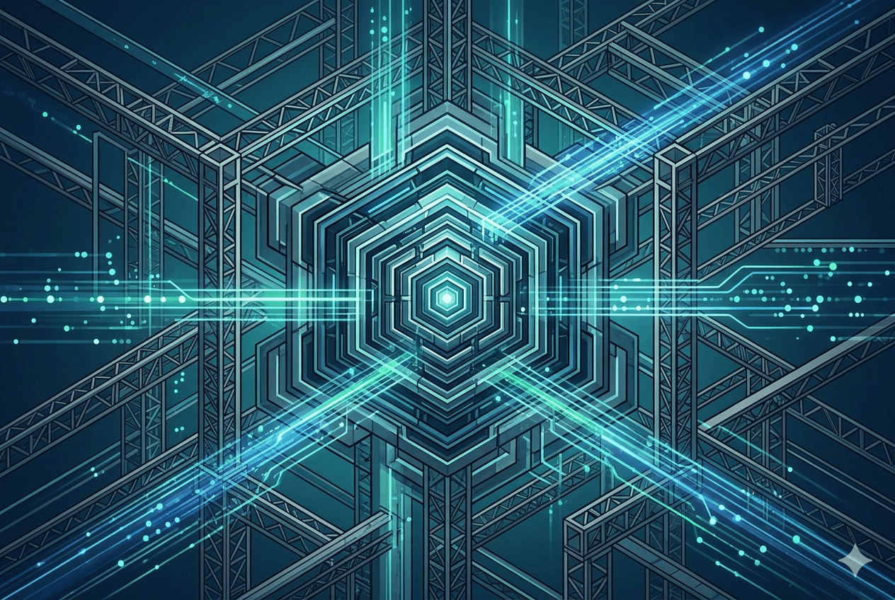 Isometric illustration of a glowing hexagonal core at the centre of an expansive scaffolded metal framework, with cyan and teal light beams and circuit-like data streams radiating diagonally outward against a dark teal background