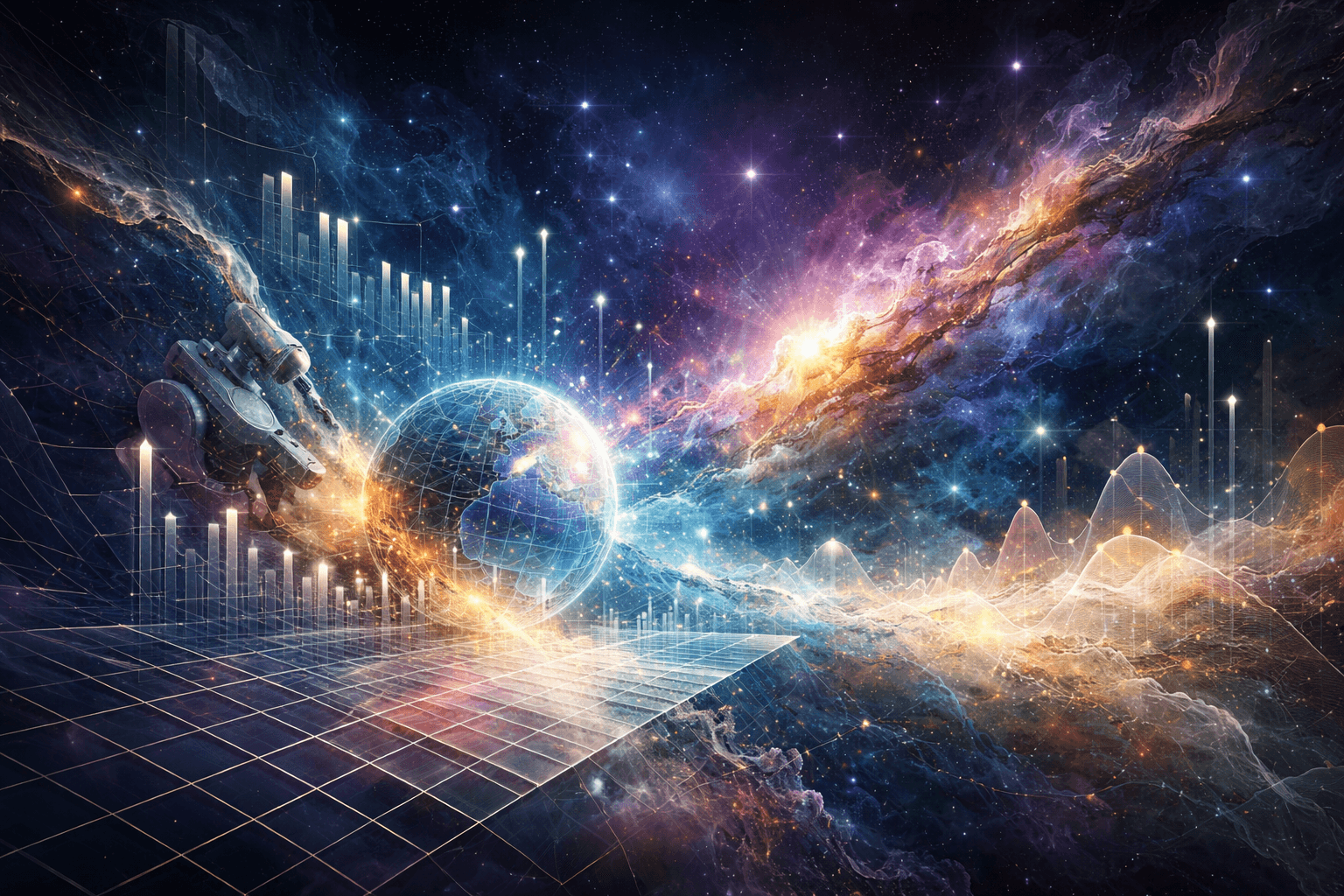 A luminous globe and abstract data instruments dissolving into a star-filled nebula, with faint graphs and waveforms overlaying a cosmic landscape.
