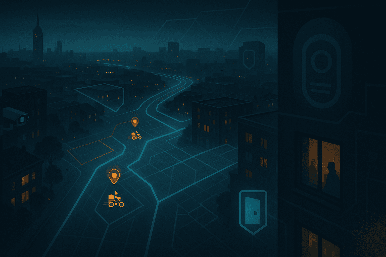 A cityscape subtly overlaid with app interfaces—roads glowing with algorithmic routes, delivery icons, and surveillance cameras.