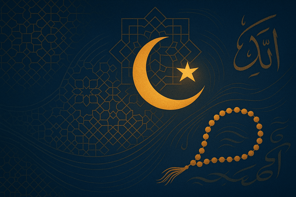 Golden crescent and star with Islamic geometric patterns, Arabic calligraphy, and prayer beads on a deep blue background.