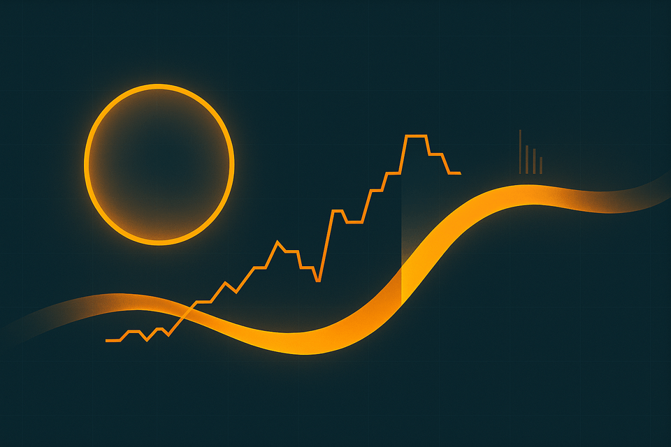 Abstract dark-teal market graphic with a glowing orange ring, a stepped price line, and a sweeping ribbon—evoking flow, liquidity, and weekend gaps.