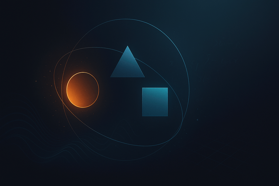Glowing orange circle, teal triangle, and teal square encircled by intersecting orbital curves on a dark teal background—abstract geometric study.