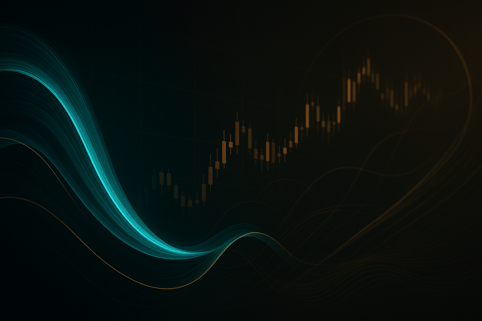 Abstract teal wave in foreground with golden candlestick chart on a dark grid, evoking market liquidity and momentum.