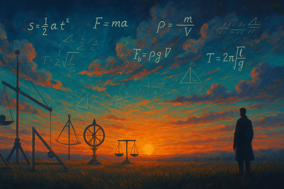 Dawn landscape with a teal-orange sky where equations drift across the clouds above a field of scientific contraptions—lever, astrolabe, balance, wheel—while a lone figure watches from afar