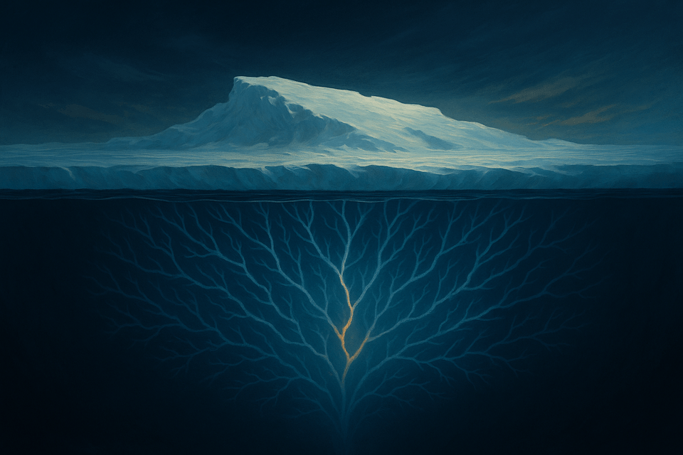 Illustration of polar ice caps with branching possibilities beneath the surface
