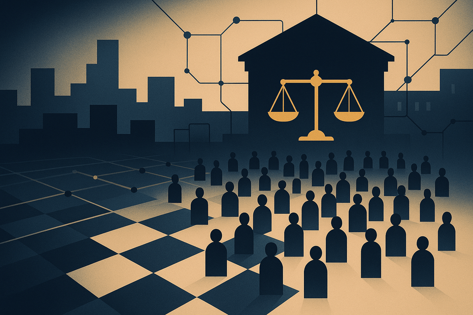 Silhouetted crowd on a chessboard-like grid facing a courthouse with golden scales, overlaid with network nodes and a city skyline—evoking governance, justice, and systems.