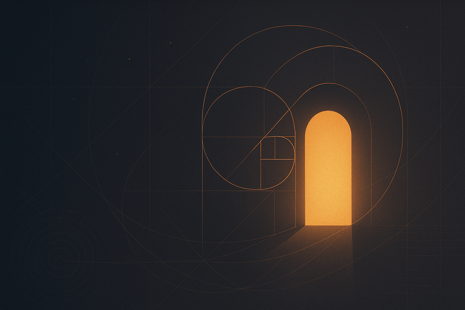 Golden-lit arched doorway framed by a Fibonacci spiral and geometric guides on a dark canvas, suggesting discovery and design.