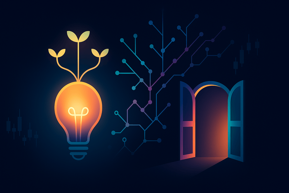 Glowing lightbulb sprouting leaves beside a branching network and an open doorway, hinting at innovation, systems, and new opportunities.