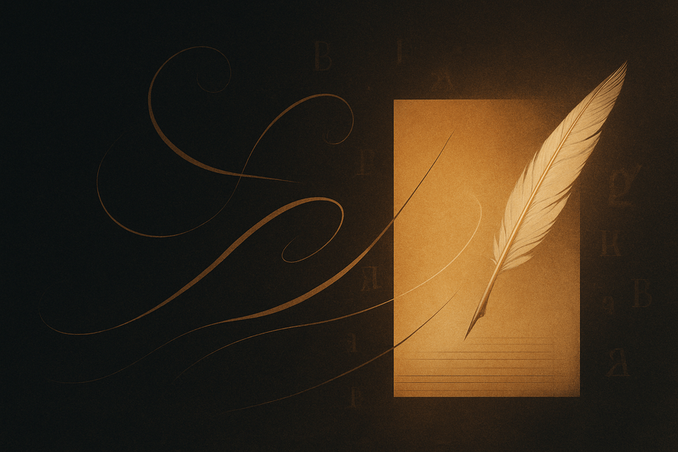 Golden quill on warm parchment with flowing calligraphic swirls against a dark backdrop, symbolising writing and ideas.