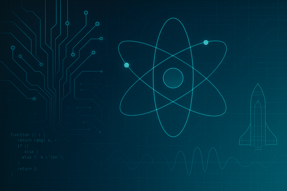 Teal blueprint with atomic model, circuit traces, code, waveform, and space-shuttle outline, symbolising science and engineering.