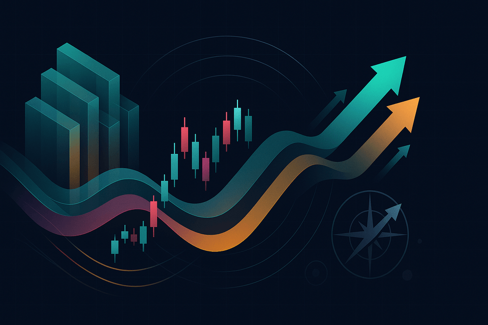 Rising candlesticks and bar charts with flowing trend bands and upward arrows beside a compass, conveying market momentum and direction.