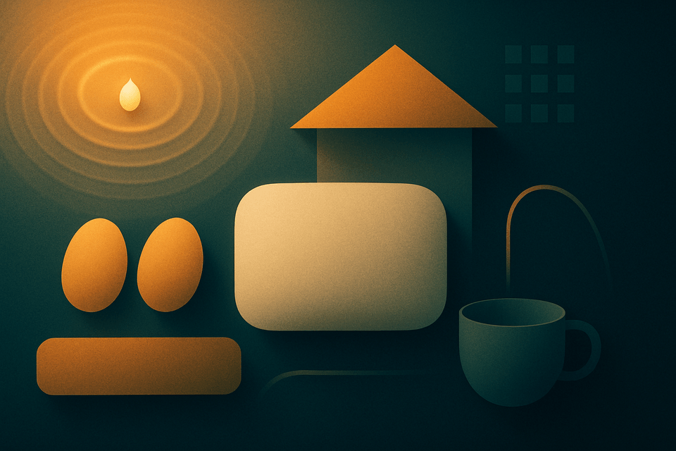 Glowing droplet with ripples over abstract house, faucet and cup, soap bar, and two eggs on a deep teal-to-gold background—an ode to everyday comforts and gratitude.