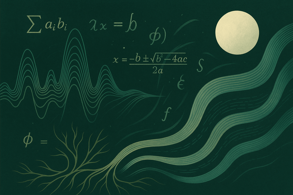 Abstract illustration of audio waveforms, LaTeX equations, and flowing text in motion.
