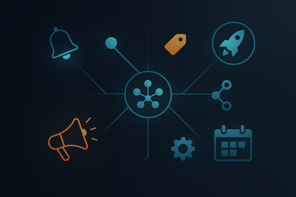 Central hub with connected icons—bell, tag, rocket, share nodes, calendar, gear, and megaphone—representing automation and multi-channel distribution.