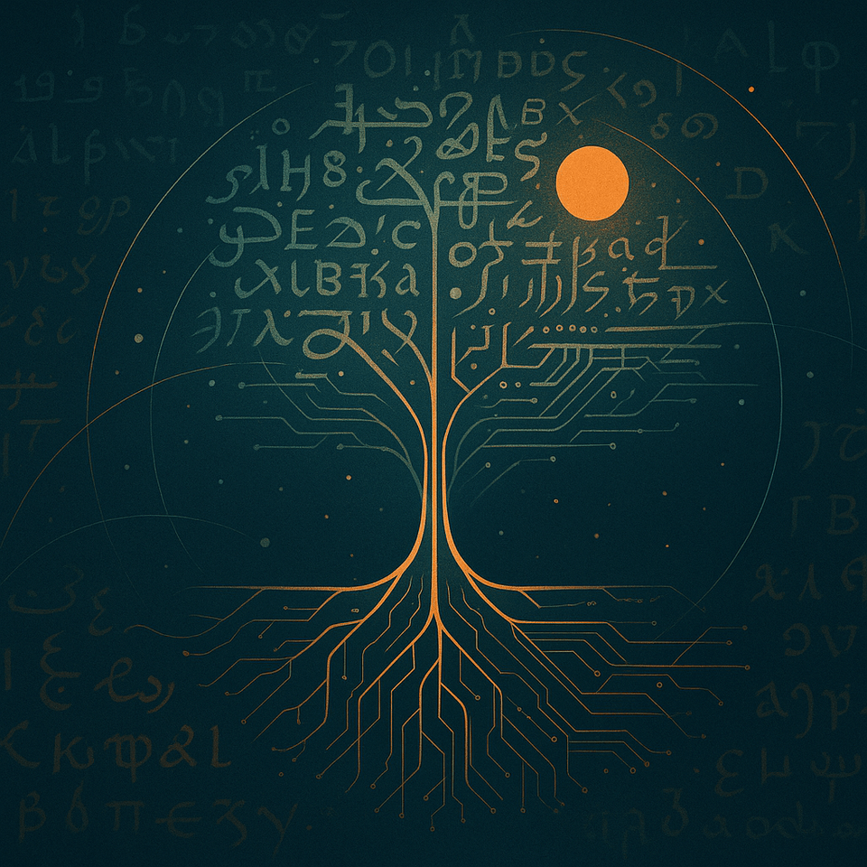 Abstract study of language as a living archive—layered scripts and branching roots intertwining into a growing tree.