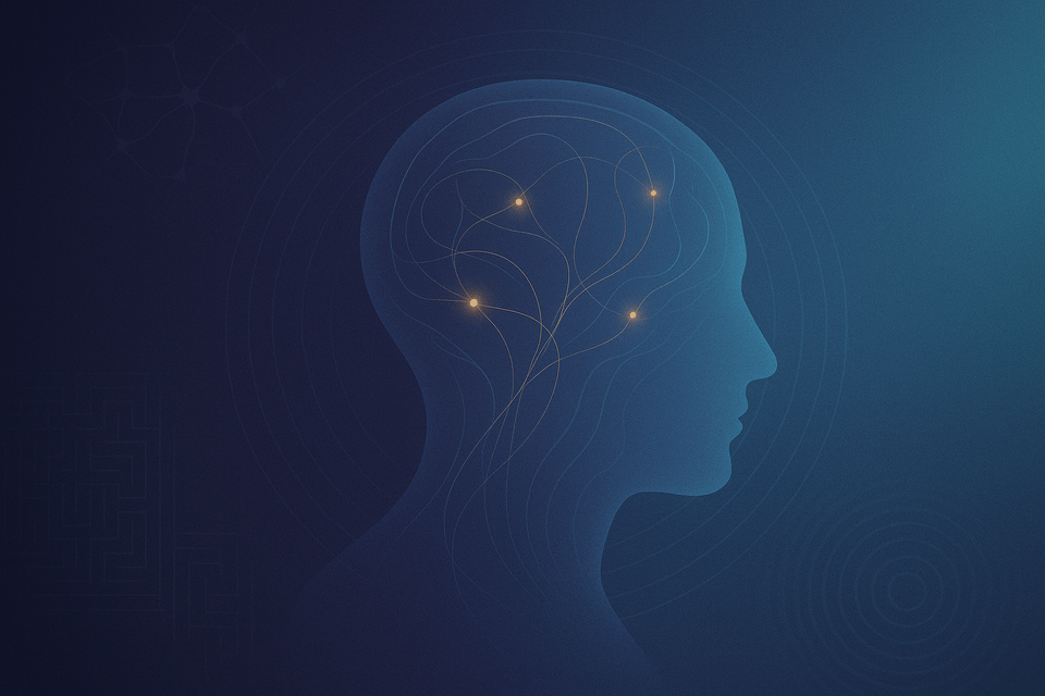 Blue silhouette of a human head with glowing neural nodes and flowing lines, symbolising thought, cognition, and neural connections.