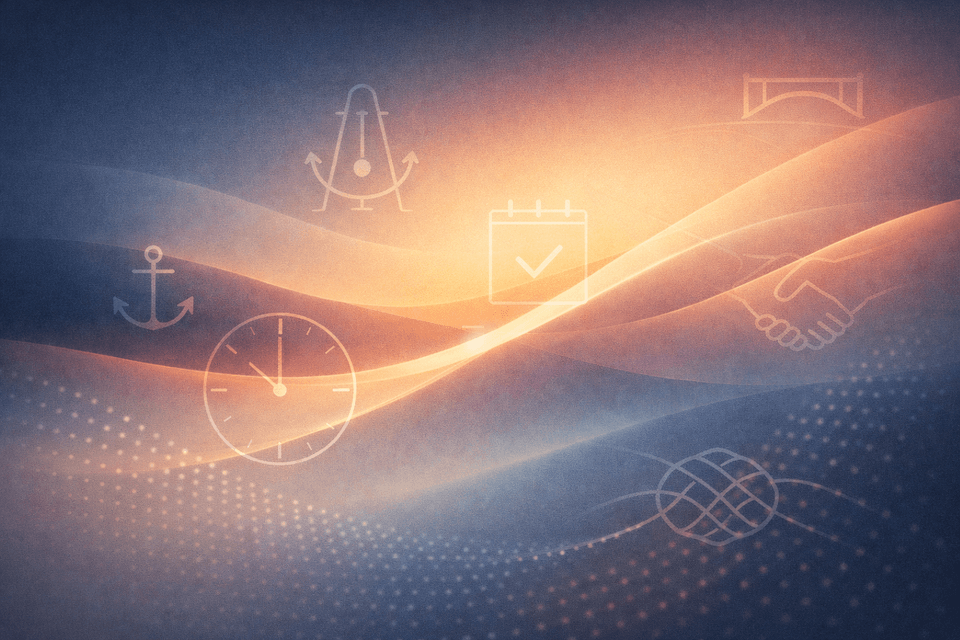 Abstract gradient waves in blue and gold with subtle line symbols for time, trust, and connection.