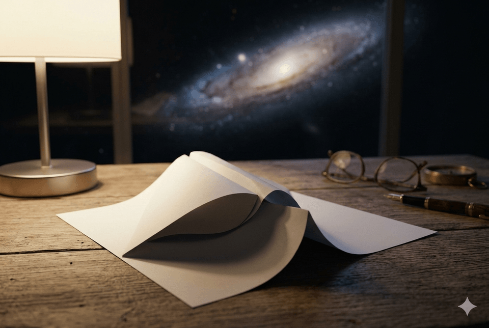 A sheet of paper folded on a wooden desk, lit by a lamp, with the Andromeda galaxy visible through a window in the background