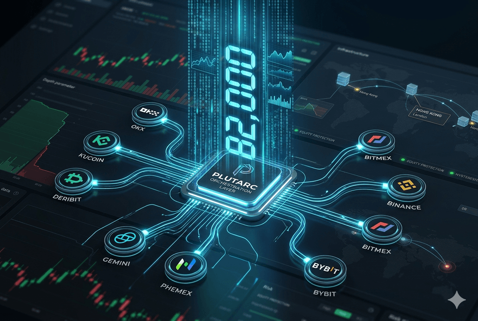 Isometric illustration of the Plutarc orchestration layer chip at centre, with glowing circuit pathways connecting to nine exchange logos — OKX, KuCoin, Deribit, Gemini, Phemex, Bybit, BitMEX, Binance, and Kraken — against a dark trading dashboard backdrop with candlestick charts and the number 82,000 rising in a column of binary code