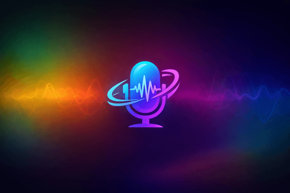 Abstract rainbow gradient background with a stylized microphone icon and flowing audio waveforms.