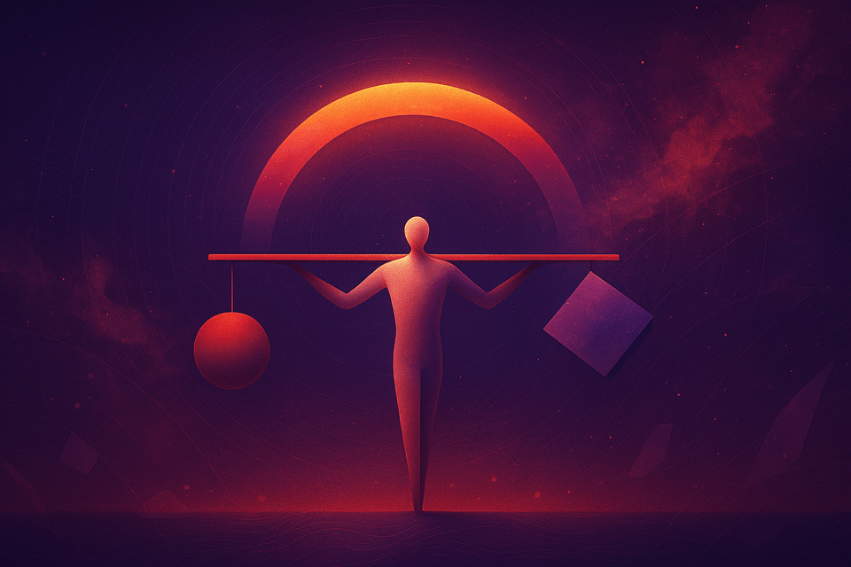 Abstract figure lifting an arching beam—symbol of chosen responsibility and inner strength.