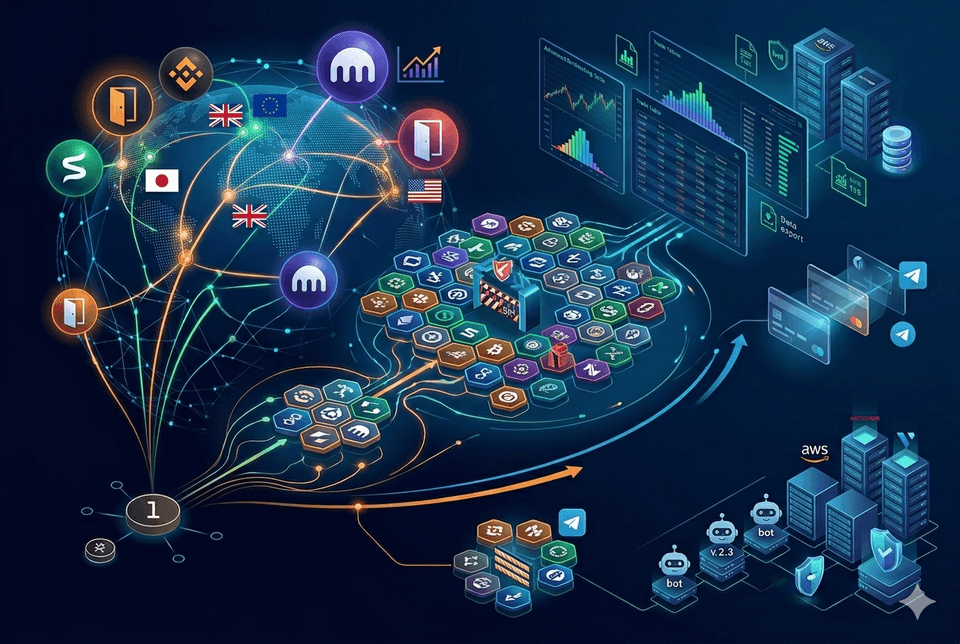 Isometric diagram showing plutarc's expanding platform: exchange logos including Binance, Kraken, and Bybit connected via a global network to a honeycomb grid of 48 strategy components with a risk gate barrier, alongside backtest analytics dashboards, AWS server racks, Telegram notifications, usage-based billing cards, and versioned trading bots