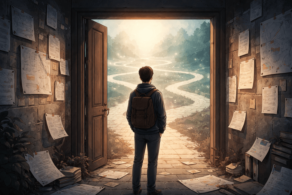 A person paused at a doorway, surrounded by branching paths and scattered notes