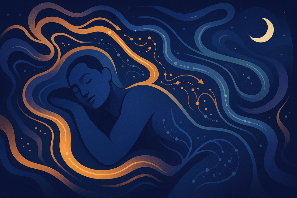 Abstract illustration of a resting human figure surrounded by flowing metabolic pathways and gentle night tones