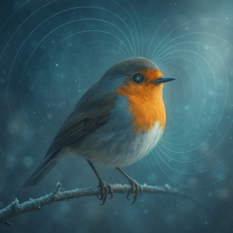 European robin with red breast; visual metaphor of a “quantum compass”—cryptochrome-driven magnetoreception in the eye.