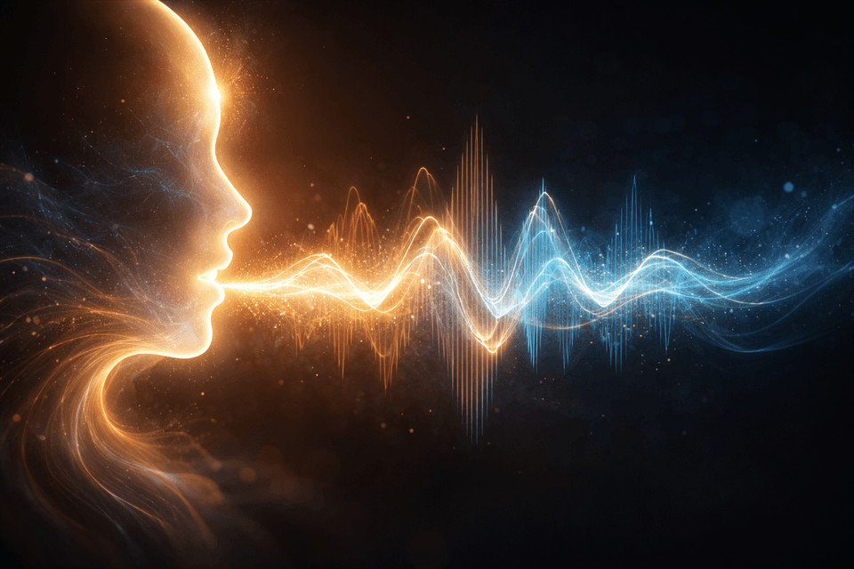 A glowing human profile emits a flowing gold-and-blue waveform into a dark space, suggesting synthetic voice and presence.