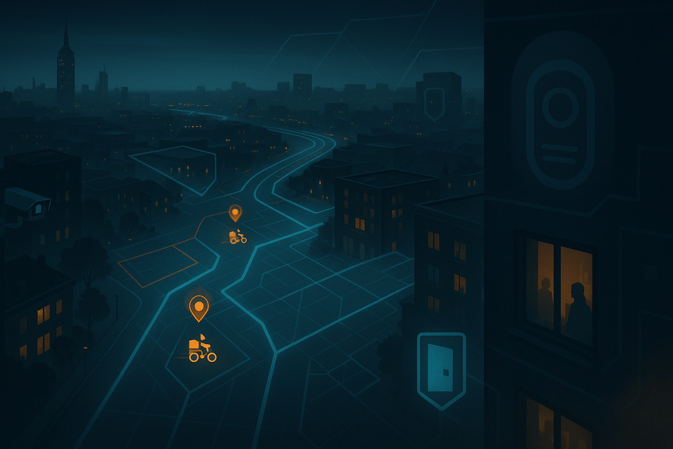 A cityscape subtly overlaid with app interfaces—roads glowing with algorithmic routes, delivery icons, and surveillance cameras.
