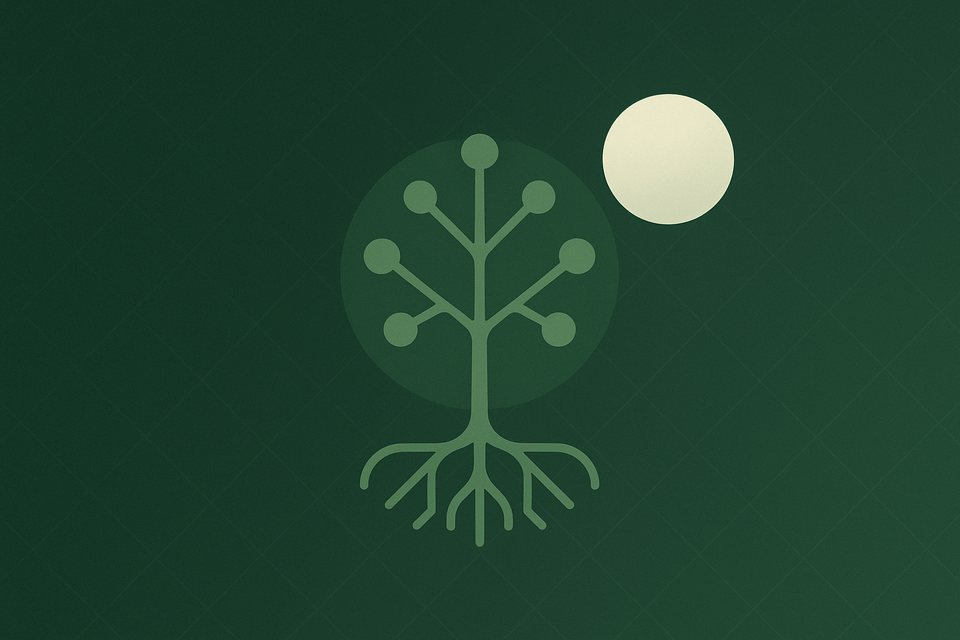 Valeon wordmark with an abstract tree-and-moon motif in forest greens, representing the rebrand and the shift to a broader, community-driven publication.