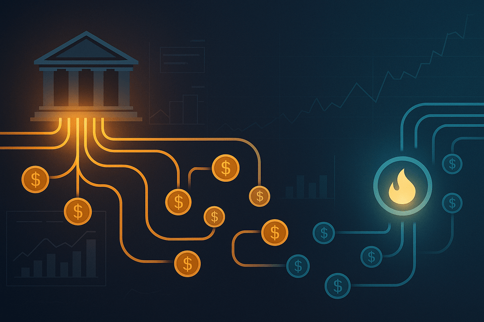 Abstract illustration of dollar tokens flowing through pipes and balance sheets, with sections lit up for easing and dimmed for tightening