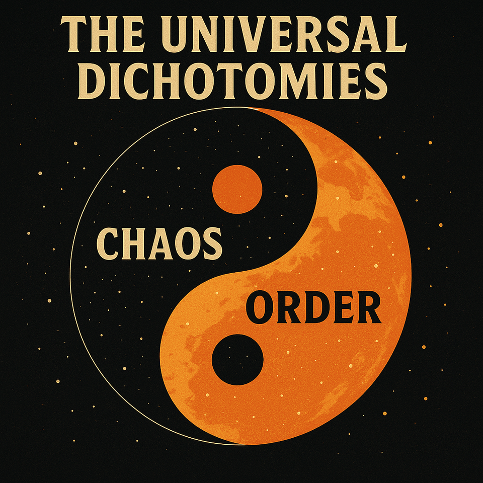 Yin-yang symbol with one half dark and labeled “Chaos,” the other half glowing orange and labeled “Order,” under the title “The Universal Dichotomies,” representing the balance between cosmic disorder and human order.