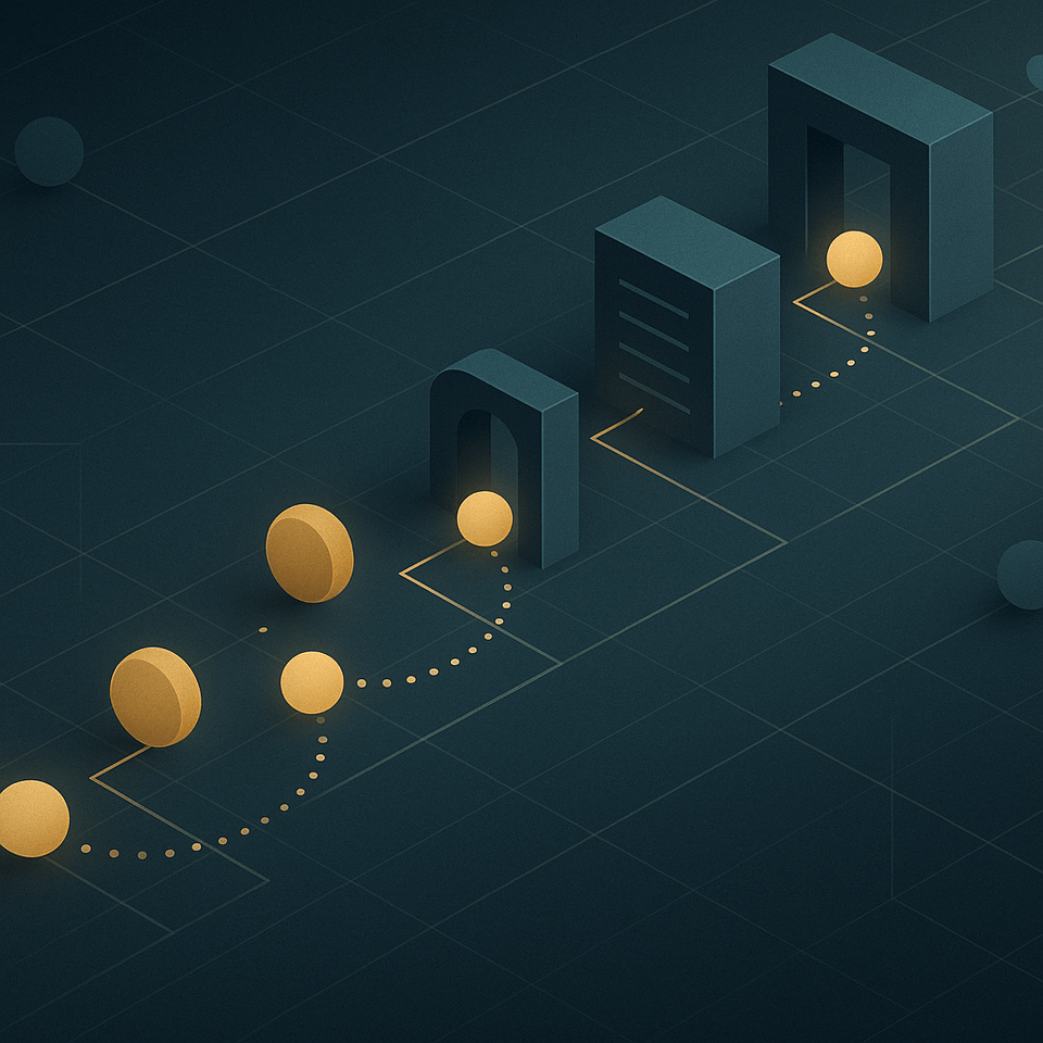 Abstract geometric ladder illustrating asset → price → ledger → protocol → power across a muted, system-like landscape.