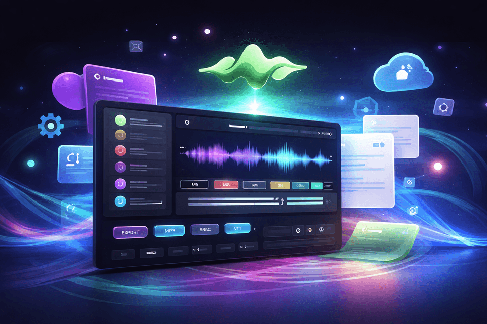 A futuristic audio waveform dashboard with floating interface elements and a glowing green waveform emblem, suggesting scalable voice synthesis and subtitle alignment.