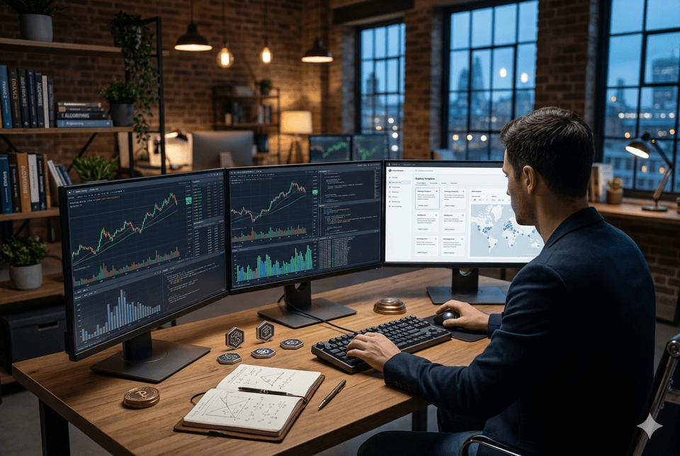 A developer at a triple-monitor trading workstation displaying candlestick charts, code, and a deployment dashboard, surrounded by technical notebooks and crypto coins in a warmly lit loft office at dusk