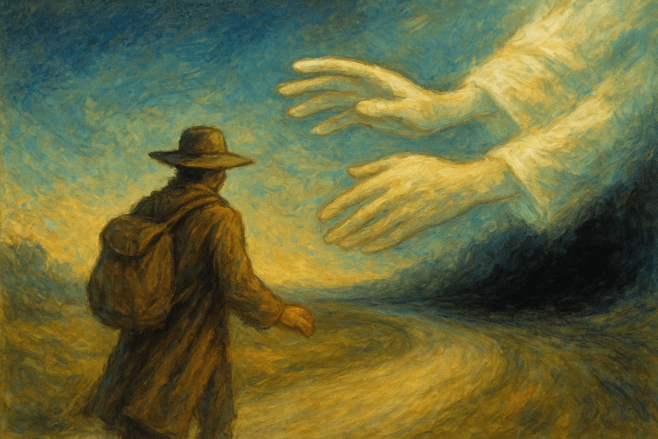 Abstract illustration of unseen hands gently diverting a traveller away from an unseen danger on the road ahead