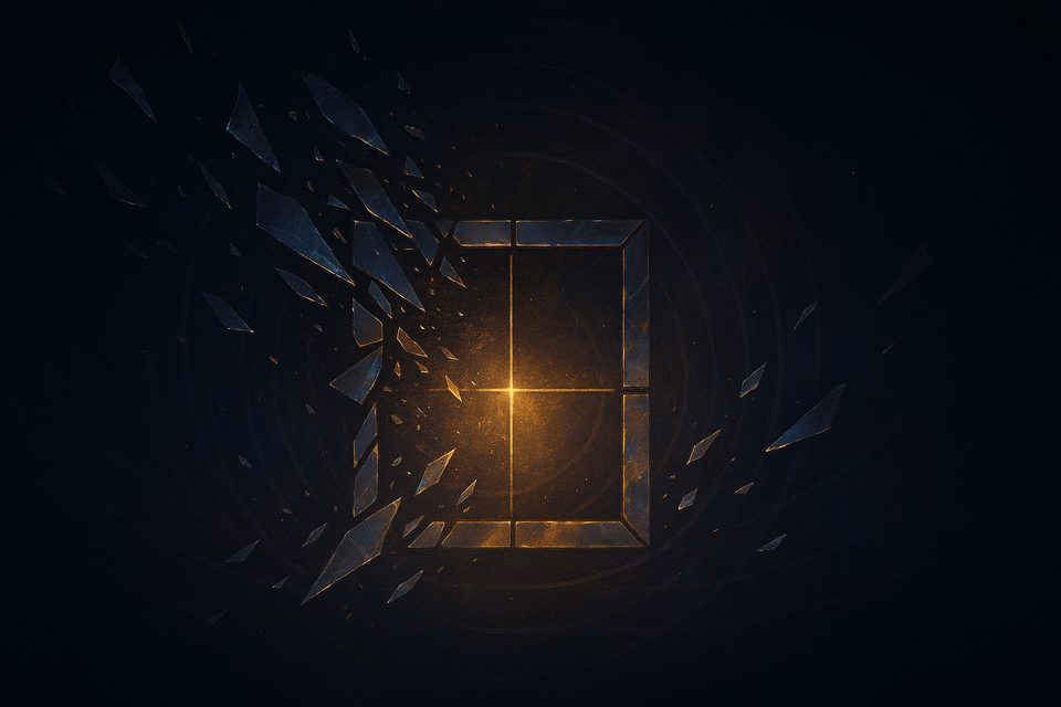 Abstract shards of a shattered mirror gradually foming a clear window