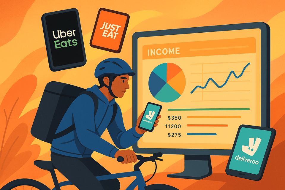 Illustration of a gig worker surrounded by delivery apps and income charts on a dashboard
