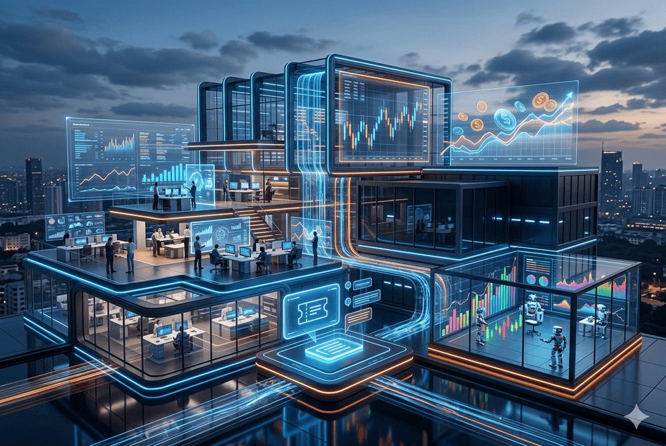 Futuristic multi-level glass trading firm at dusk with teams at workstations surrounded by holographic candlestick charts and financial dashboards, glowing blue and orange data streams connecting floors, and robots beside colourful analytics displays in the foreground against a city skyline