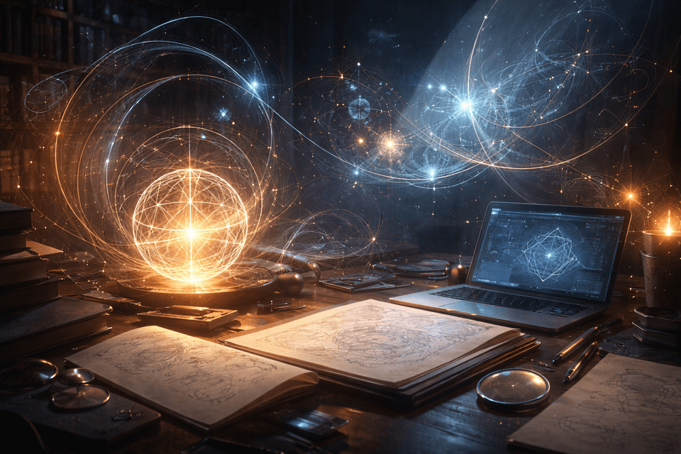 A dimly lit mathematical study with glowing geometric forms, notebooks, and a laptop displaying mathematical diagrams