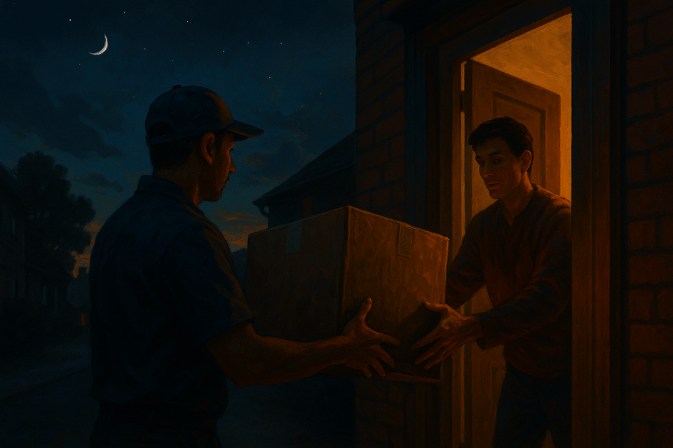 Delivery driver handing a heavy parcel to someone at their doorway under a darkening evening sky