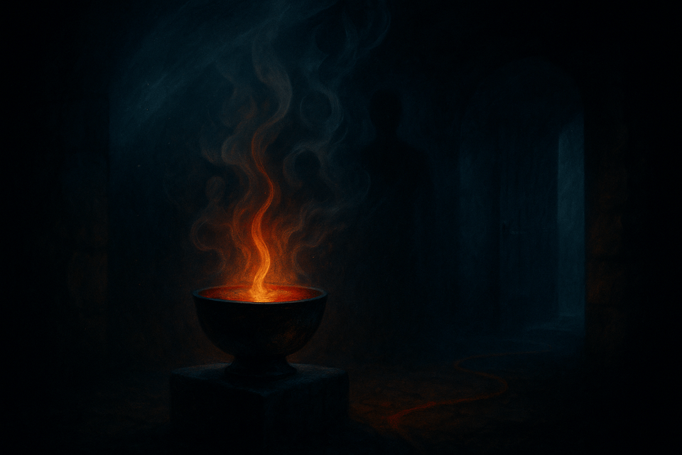Contained flame inside a dark crucible—an image of descent, pressure, and integration in a Jungian frame.