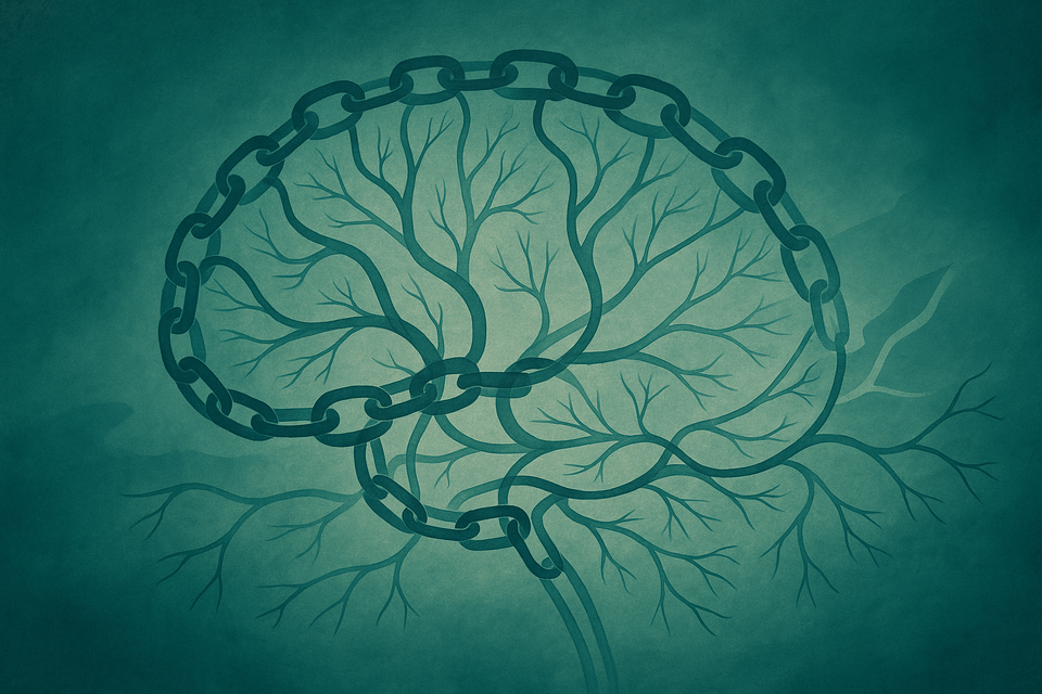 Abstract illustration of interlinked chains of thoughts and branching paths