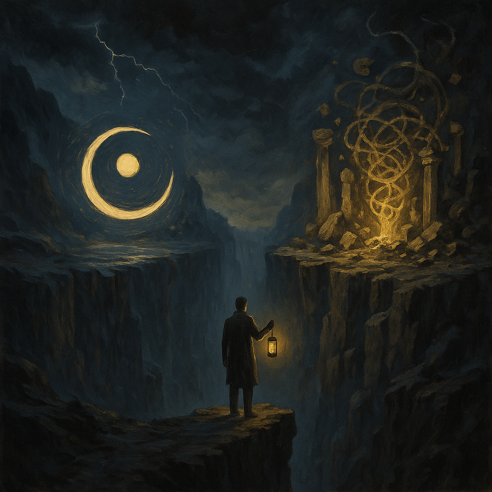 Cover artwork (cover.png) for the article titled The Canyon Between Ideals and Reality: Manmade Morality, Ethics, and the Machinery of Order.