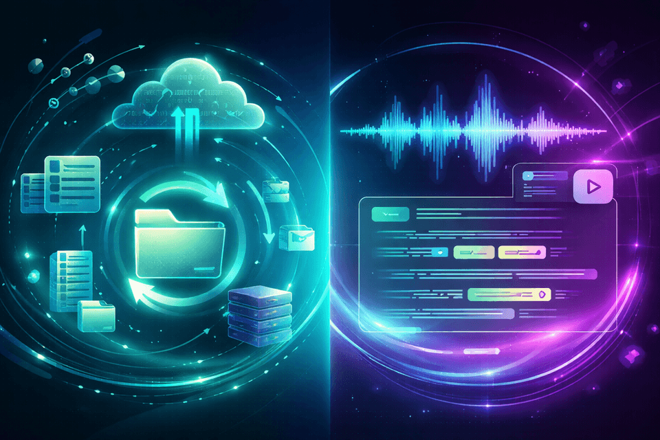 Split neon illustration showing cloud folder syncing on the left and an audio waveform with transcript UI on the right.