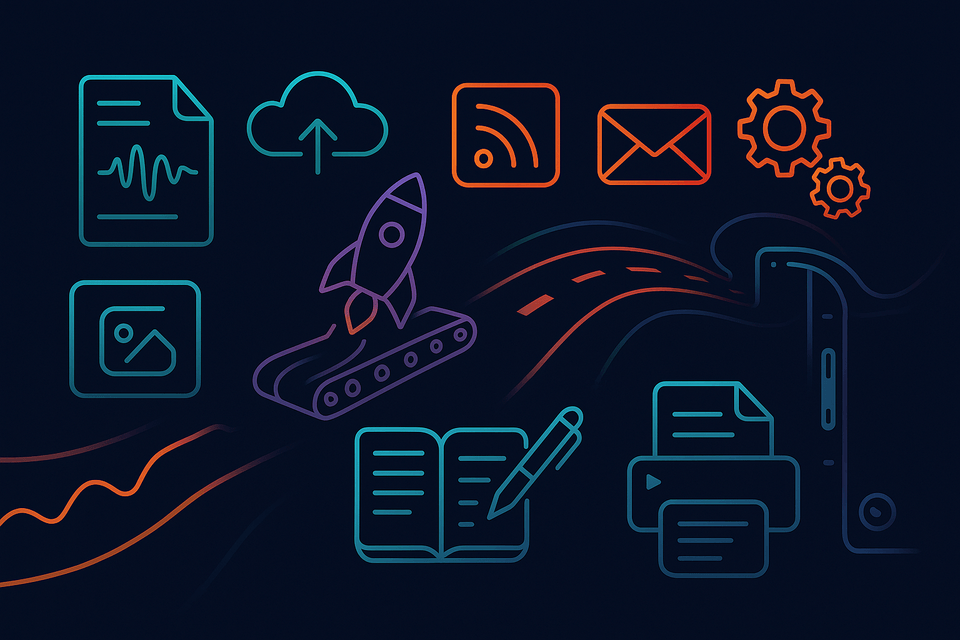 Abstract toolkit of a modern publishing stack—Astro, Vercel, audio waveform, printer sheet, and open notebook—symbolizing faster builds, audio for every post, and cleaner print layouts.